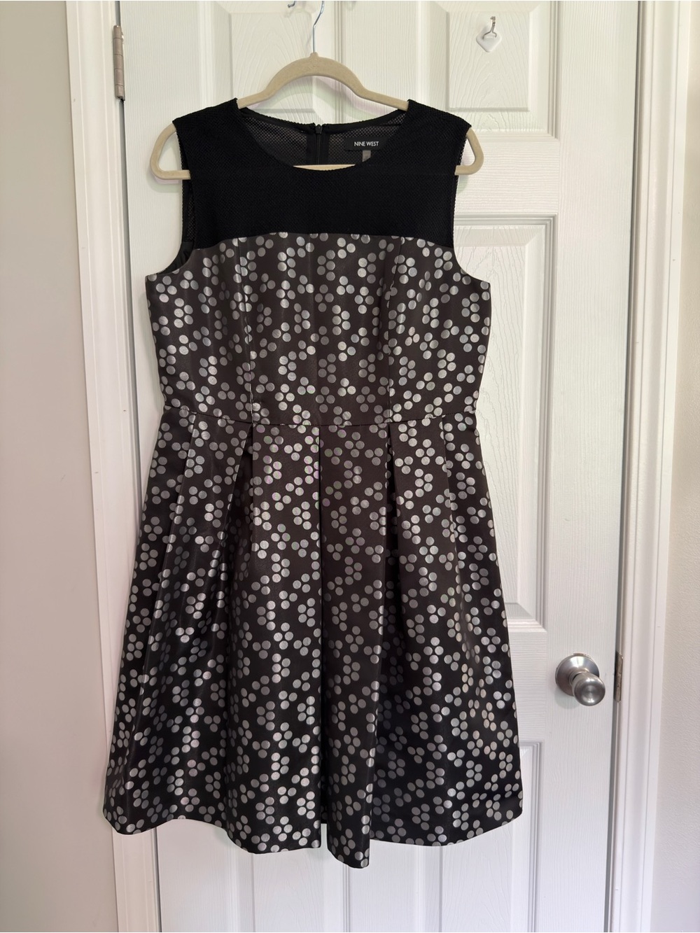 Nine West Women's Black Gray Polka Dot Satin Fit & Flare Dress Lined size 12